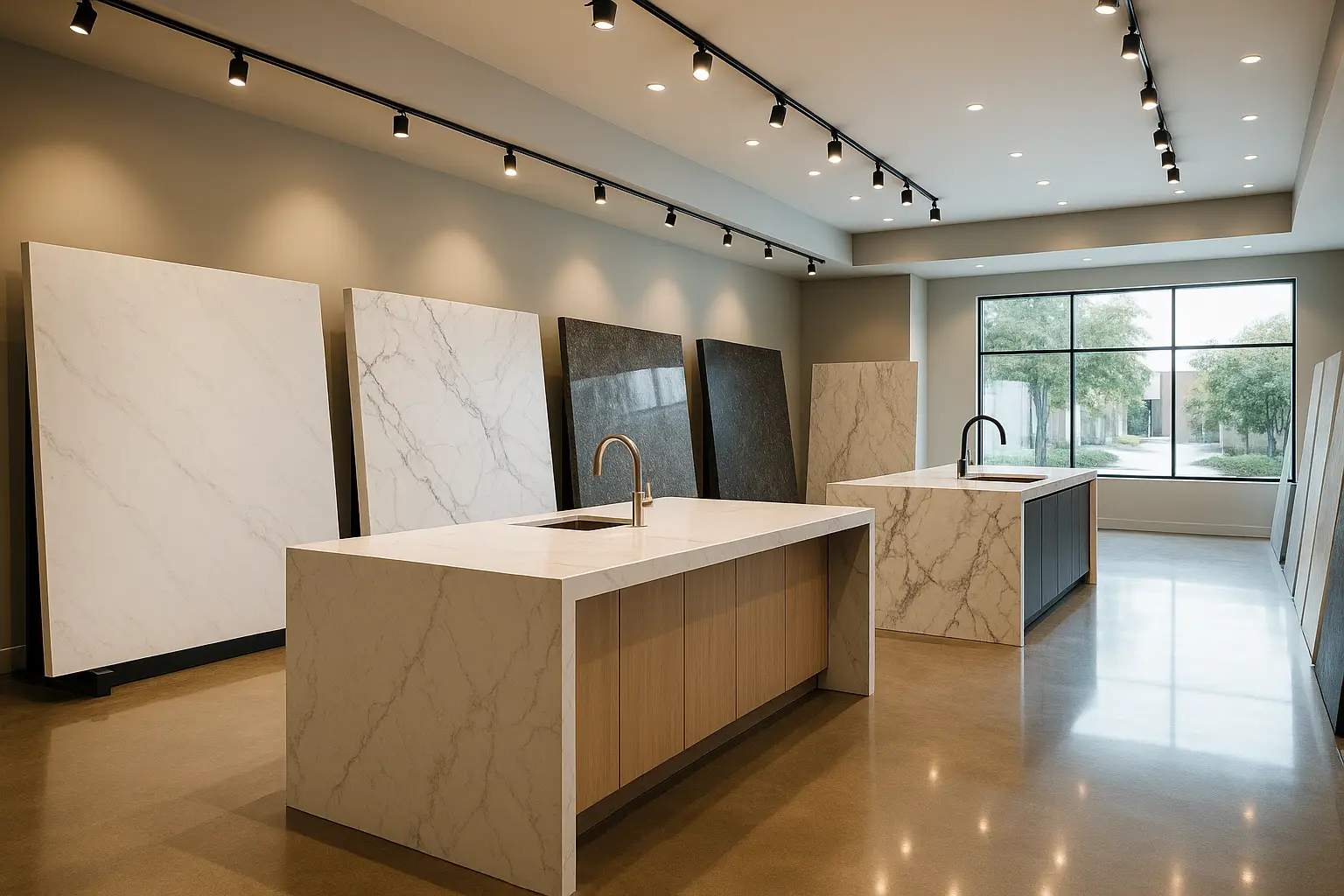 Modern countertop showroom with granite and quartz slabs on display