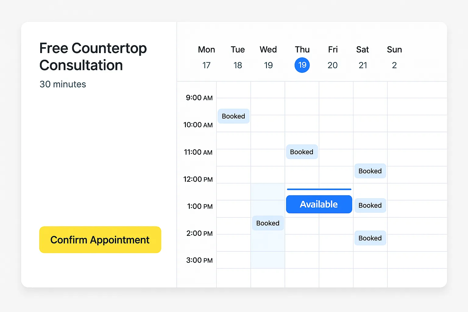 Online calendar with booked appointment slots for free countertop consultations.
