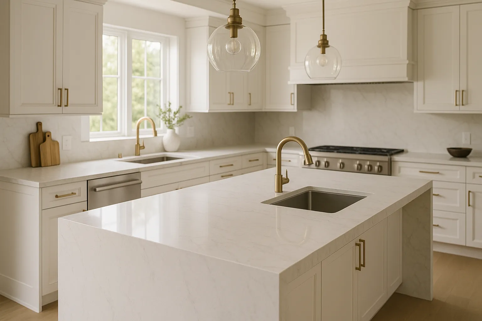 A modern kitchen with a quartz waterfall island