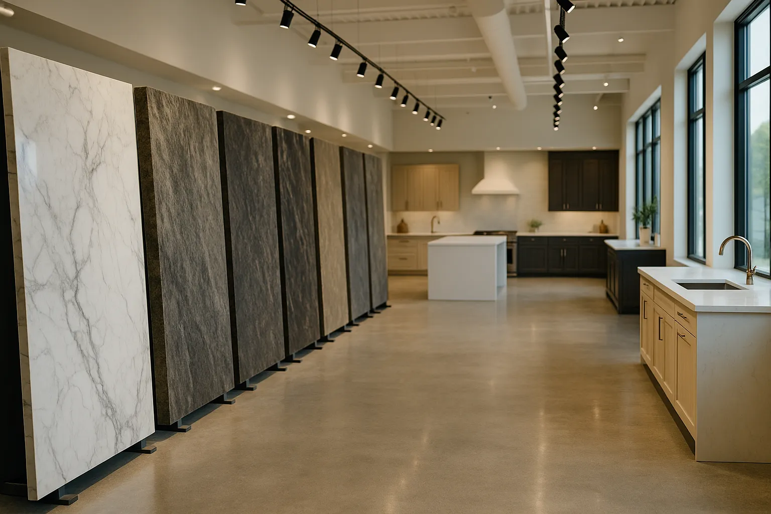 A modern stone and countertop showroom with slab displays
