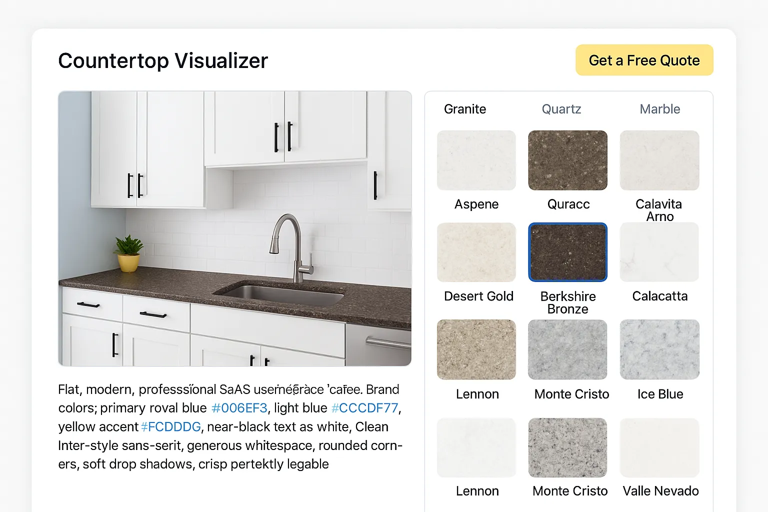 A countertop visualizer tool: pick a slab color and see it applied to a kitchen live.
