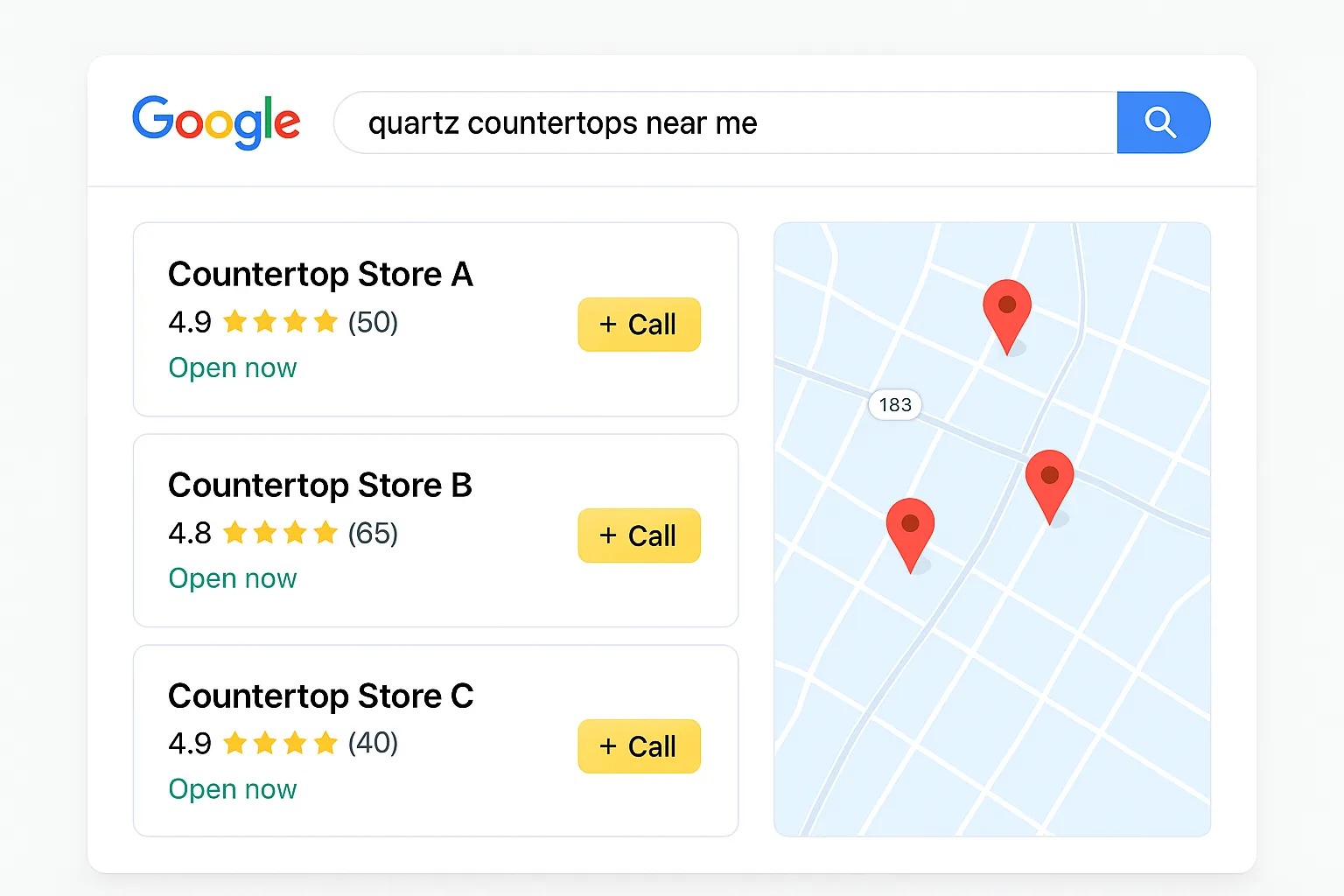 Google Map Pack: the local 3-pack results for a search like quartz countertops near me.