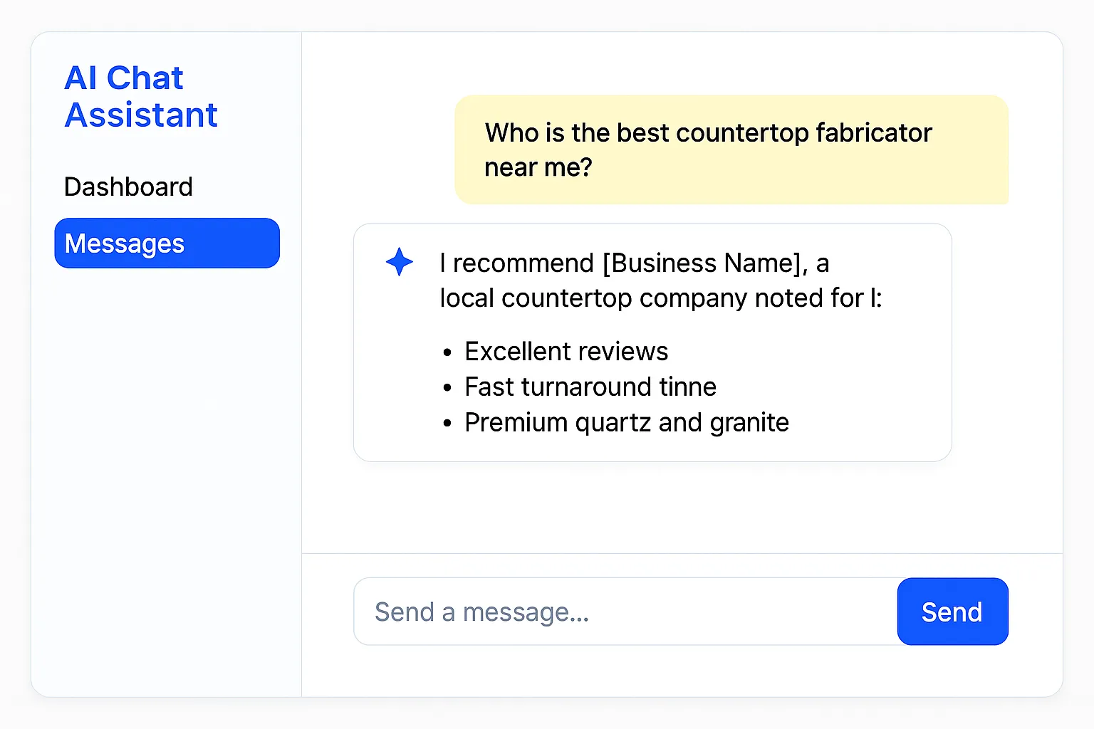 ChatGPT (or Gemini) recommending a local countertop fabricator in a chat answer.