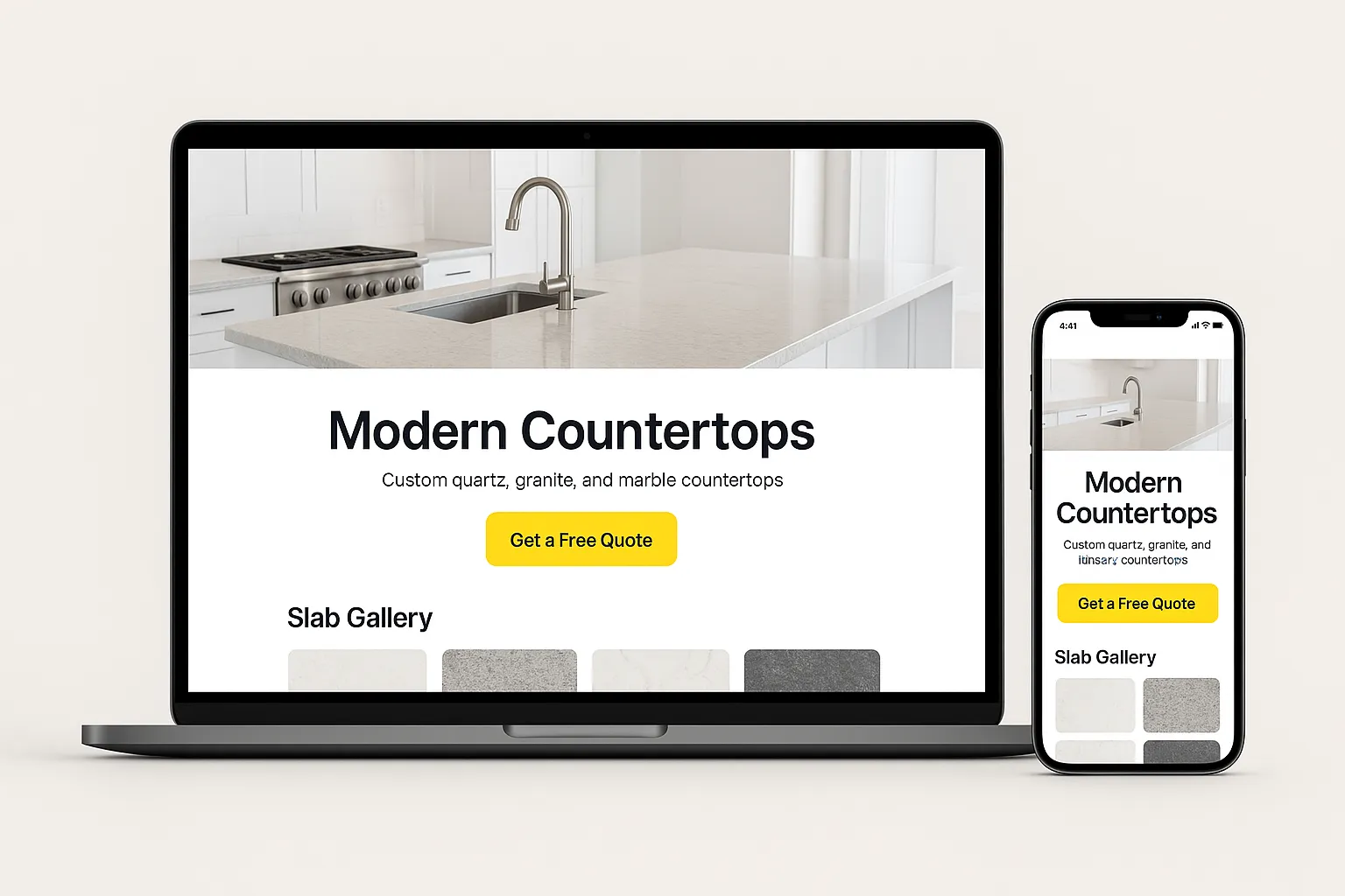 Countertop website mockup with a slab gallery and a Get a Free Quote button on a laptop and phone.