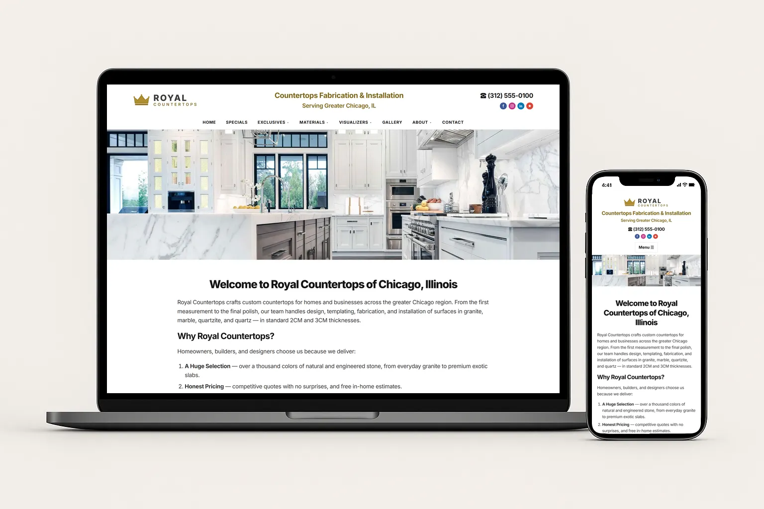 Royal Countertops, our live demo countertop website, shown on a laptop and phone.